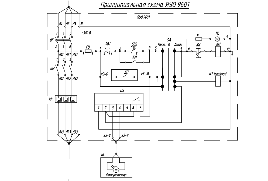 Ящик управления ЯУО 9601, принципиальная схема 