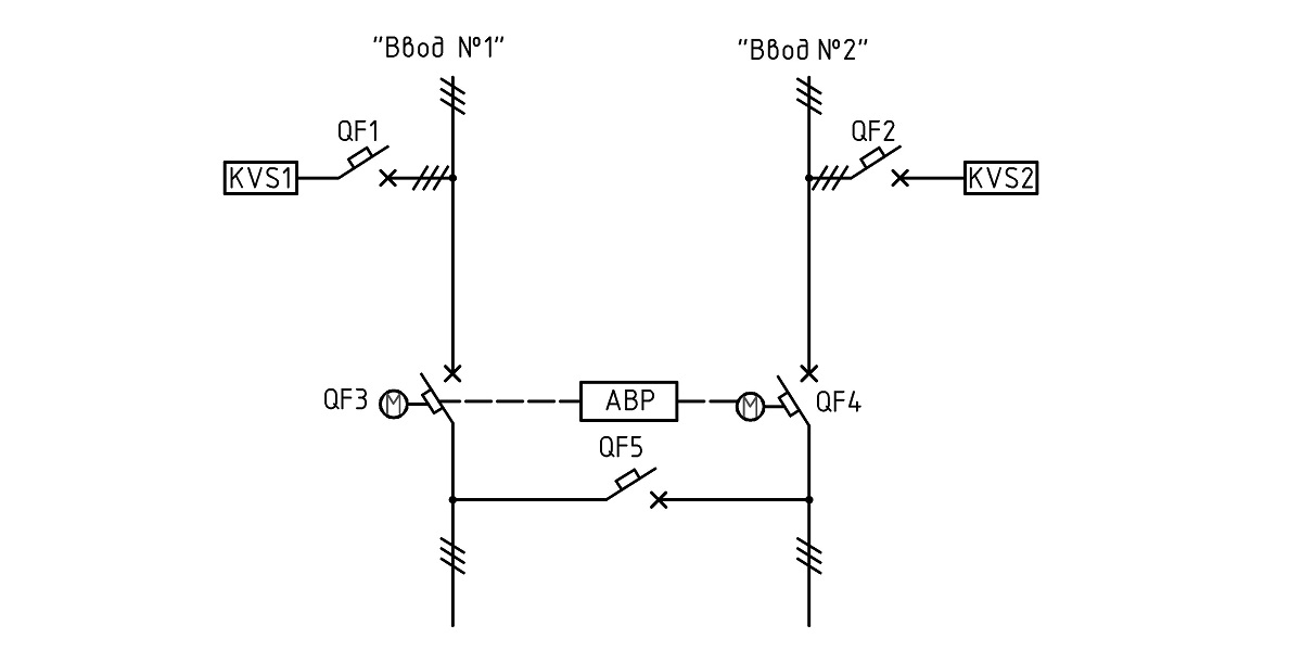 Типовая схема АВР на 2 ввода с секционным переключателем